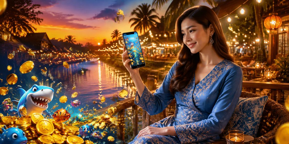 Pengguna wanita Malaysia dalam baju kurung bermain permainan memancing atas talian